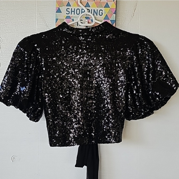 Alex & Sophia Junior Open Back Short Puff Sleeve Sequin Top Blouse Black Size Sm - Picture 9 of 9